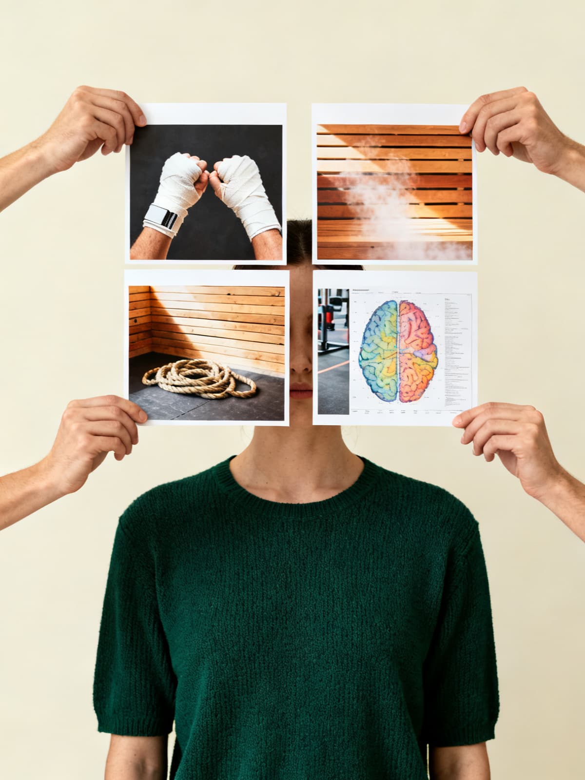 Four hands holding printed photographs of different practices in front of a person, hiding their face.