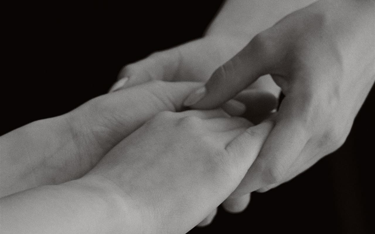 Two pairs of hands clasped together in support