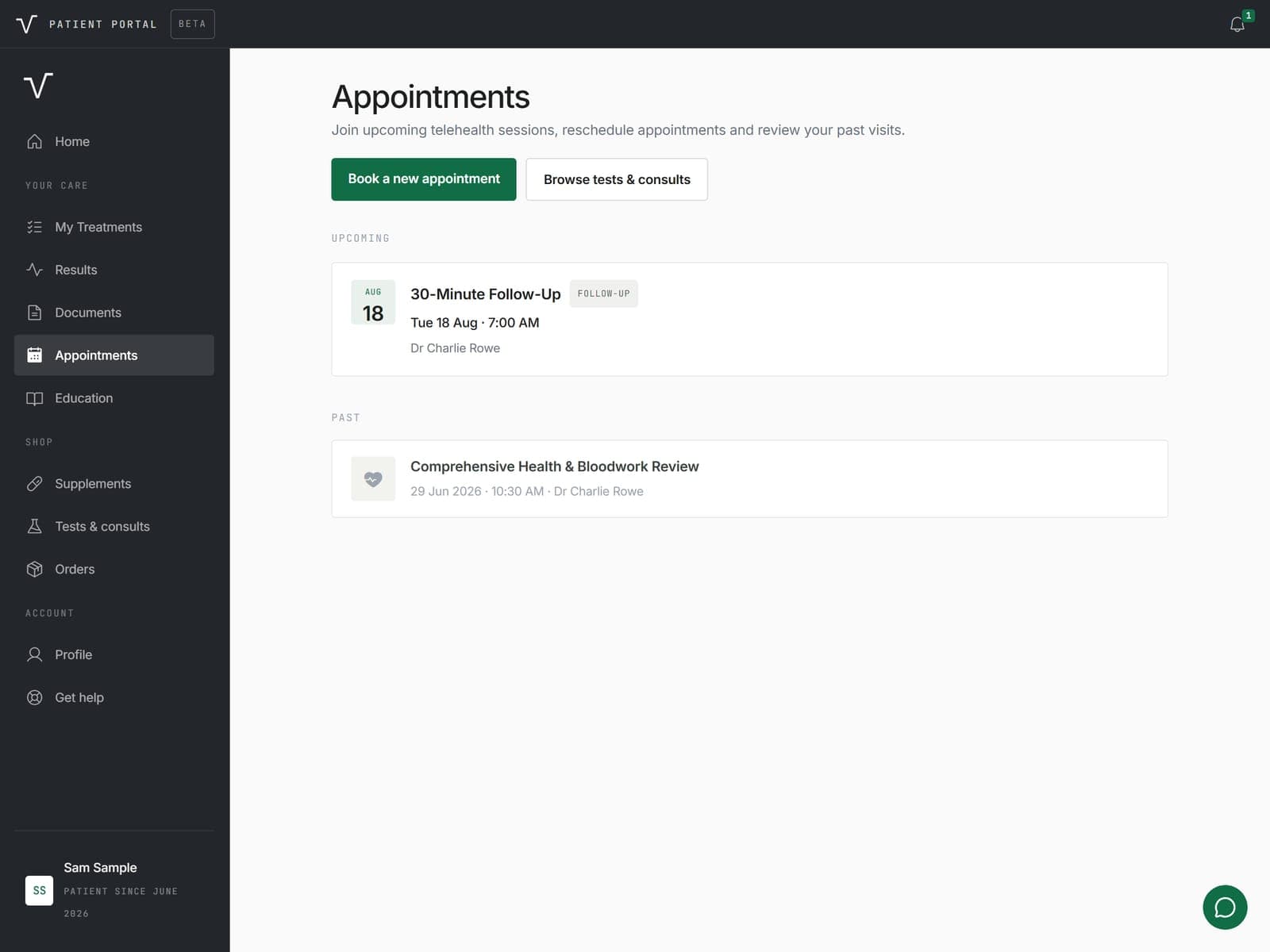 Appointments screen showing an upcoming telehealth follow-up with its date and doctor, above a past visit