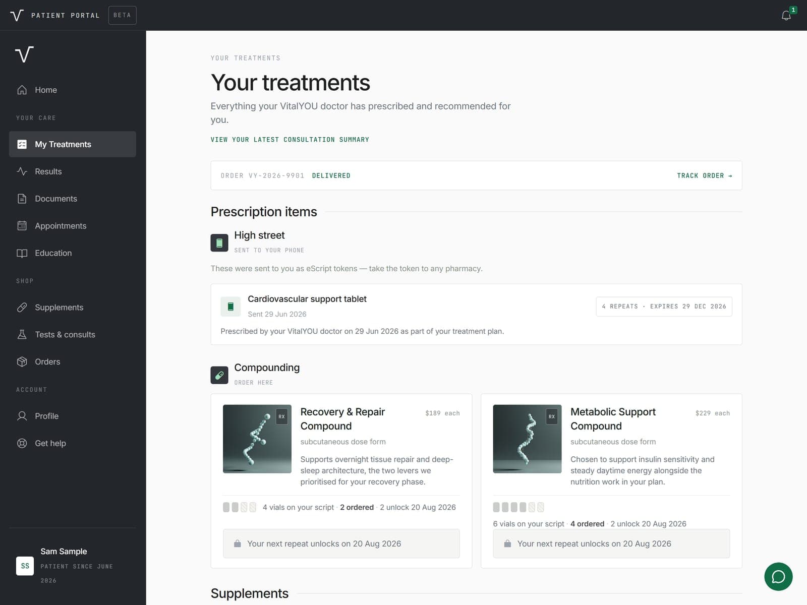 My Treatments screen for a fictional example patient, listing prescription items sent to their phone and compounded items, each with the doctor’s reasoning
