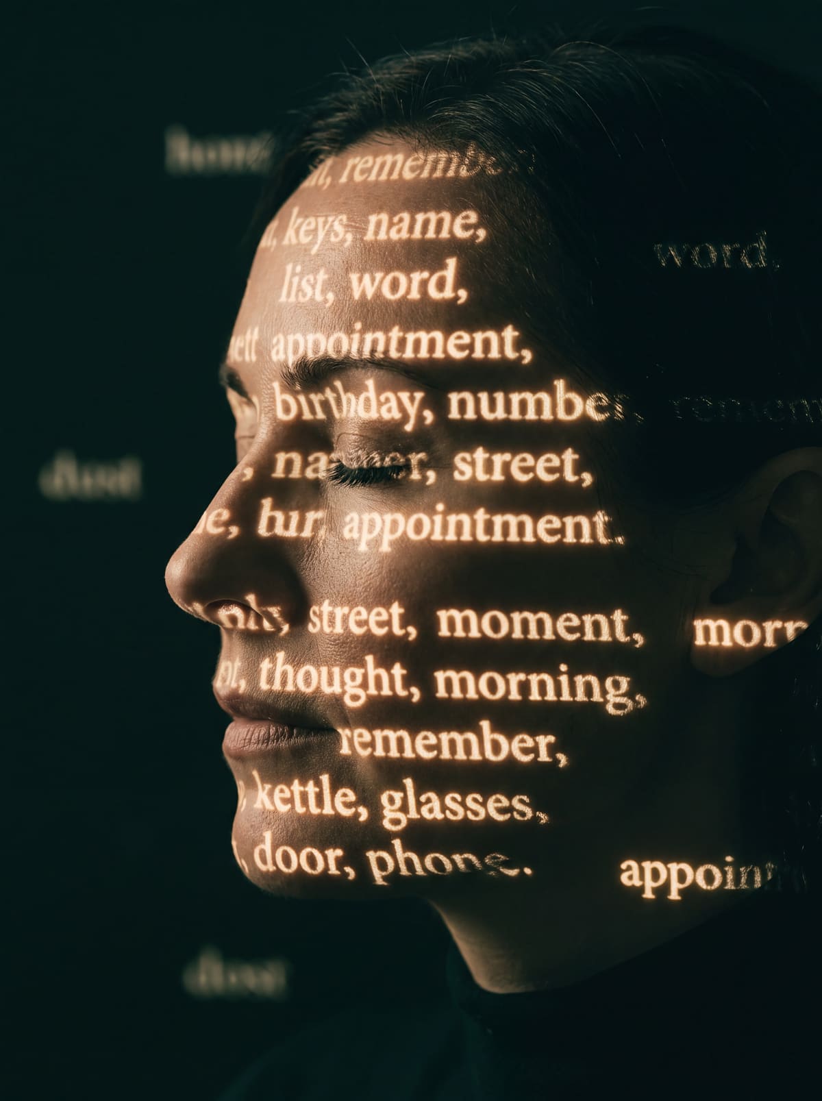 Words projected across a face in profile: keys, name, list, word, appointment, birthday, number.